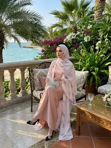 Three-piece Elegant Floral Chiffon Abaya Hijab Set, Flared Sleeve Open Front Cardigan with Matching Headscarf And slip dress, Casual Vacation Party Wear