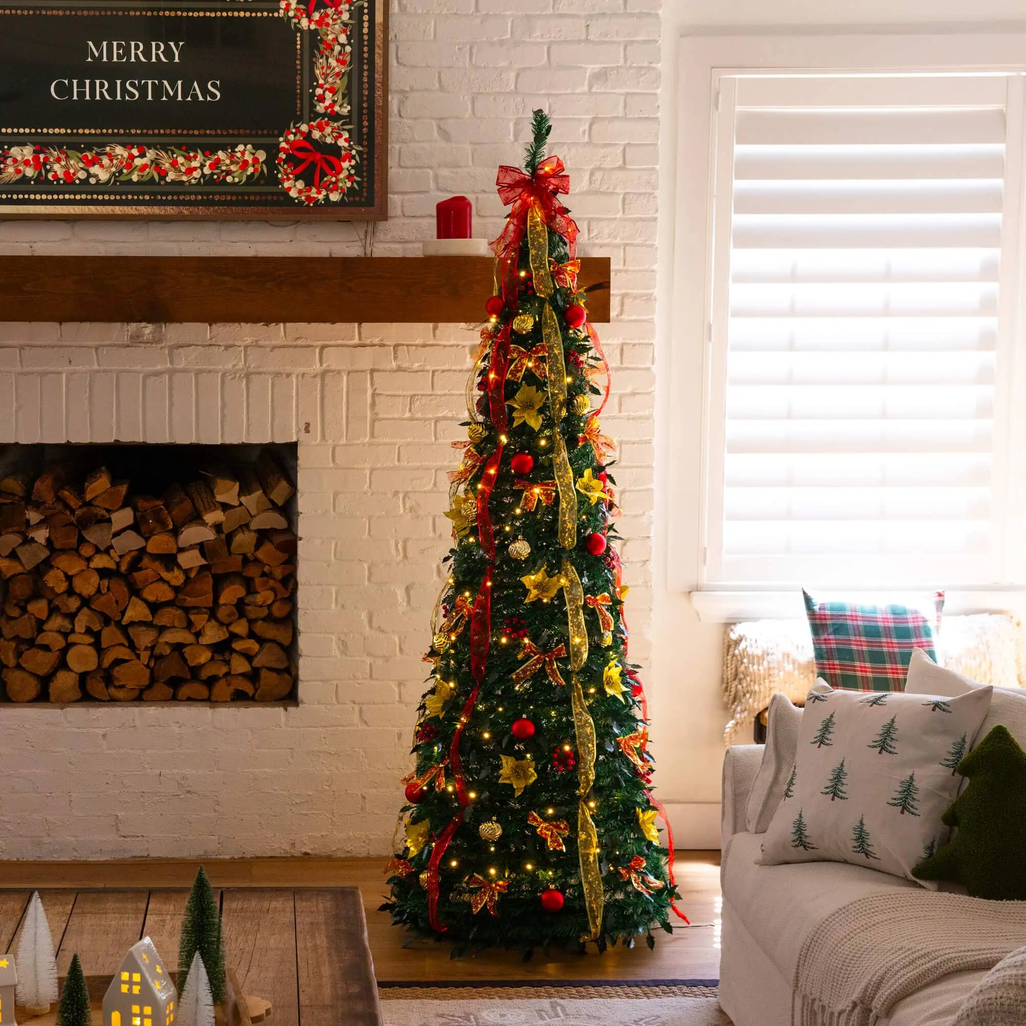 7ft Modern Pre-Lighted Pop-Up Artificial Christmas Tree - Plug-Powered Retractable Easy-Install Holiday Decor, Colorful LED Ornaments, Red & Gold Accents, Ribbons, 180 Warm White Mood Lighting, Pre-Assembled Full Shape for Home Use