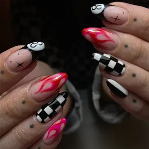 24pcs Long Almond Shape Nail Set, Flame Design Acrylic Press-On Nails, Includes Jelly Glue and File, Perfect for Parties and Daily Use, Acrylic Nail Kit