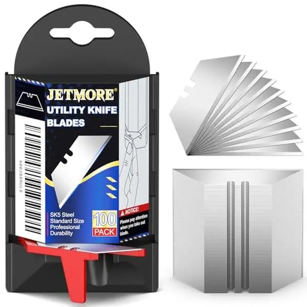 JETMORE 100 Pack Utility Knife Blades, Box Cutter Blades with Dispenser, SK5 High Carbon Steel Heavy Duty Utility Knife Replacement Blades, Standard Size Sharp Blade for Most Box Cutter