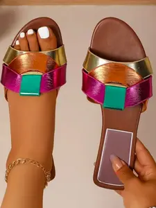 Women's Ethnic Patchwork Flat Sandals, Comfortable Casual Beach Vacation Shoes, Large Size Outdoor Leisure Slippers