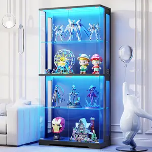 MIIFUNY Display Cabinet with Glass Doors, 4-Tier Curio Cabinet with 3 Color Lights for Collectibles, 65" Lighted Glass Display Case with Transparent Full-Display Surface, Human Body Sensor, Black