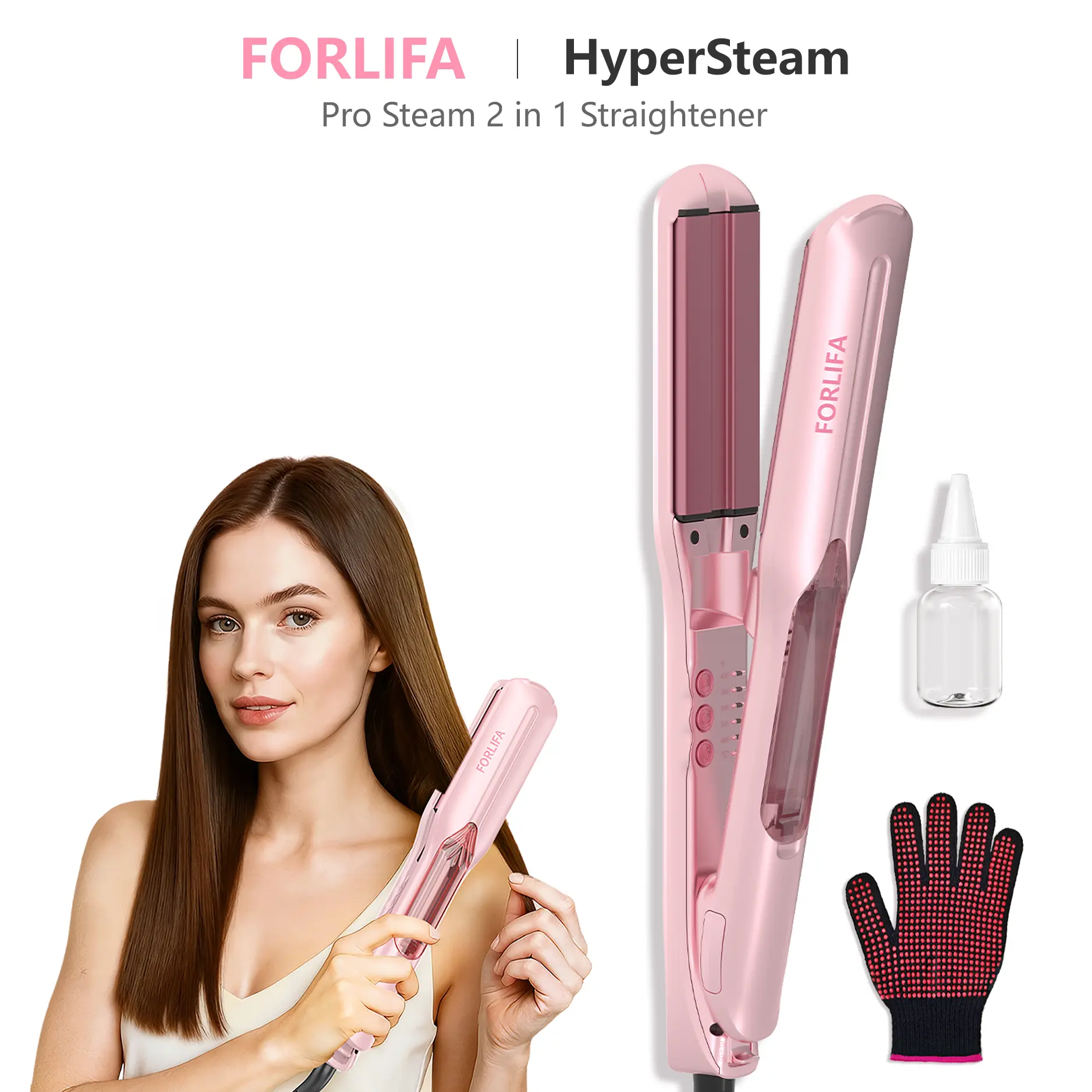 FORLIFA-HyperSteam Pro 2-in-1 Adjustable Hair Straightener & Curling Set - 1.5-in Cool Mist Infrared, Keratin Kit, 5 Temp Settings, 30-Min Auto Shut-Off for Silky Straight Frizz-Free Healthy Hair, Silky Straight Hair