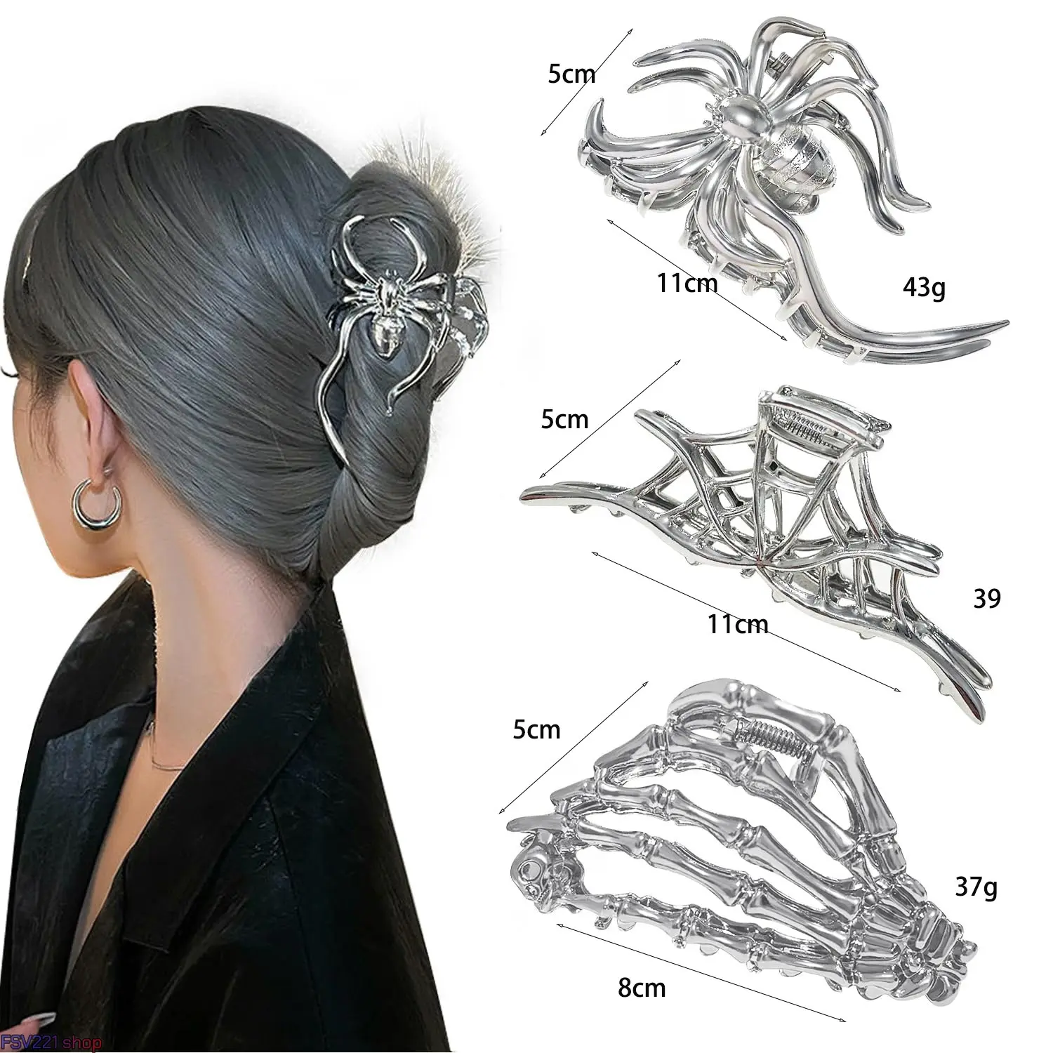 Gothic Metal Claw Hair Clips, 3-Piece Set for Women with Skeleton Hand, Bat & Spider Web Designs, Strong Hold for Thick Hair & Halloween Cosplay, Bat Designs, Female, Securely Holds Thick Hair
