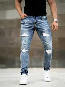 Men's blue slim-fit stretch jeans, featuring ripped patch design paired with white tearing details, vintage street-style denim pants with distressed washing process, American casual trousers, Streetwear, Menswear