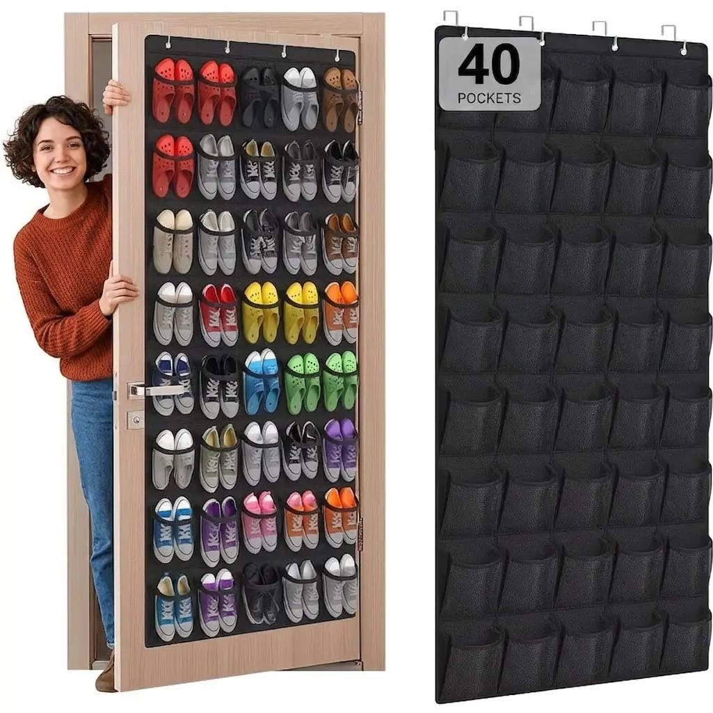 40 Over the Door Shoe Organizer Large Breathable Mesh Pockets Hanging Shoe Rack for Closet Black Behind Door Hanger Storage Holder Nonslip Hooks for Women Men Entryway Bedroom Utility Room