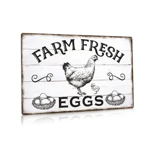 Vintage Farmhouse Chicken Metal Tin Sign, "Farm Fresh Eggs" Wall Art, Animal Theme Multipurpose Plaque for Coop Decor, 7.8 x 11.8 Inches, Chicken Coop Accessories