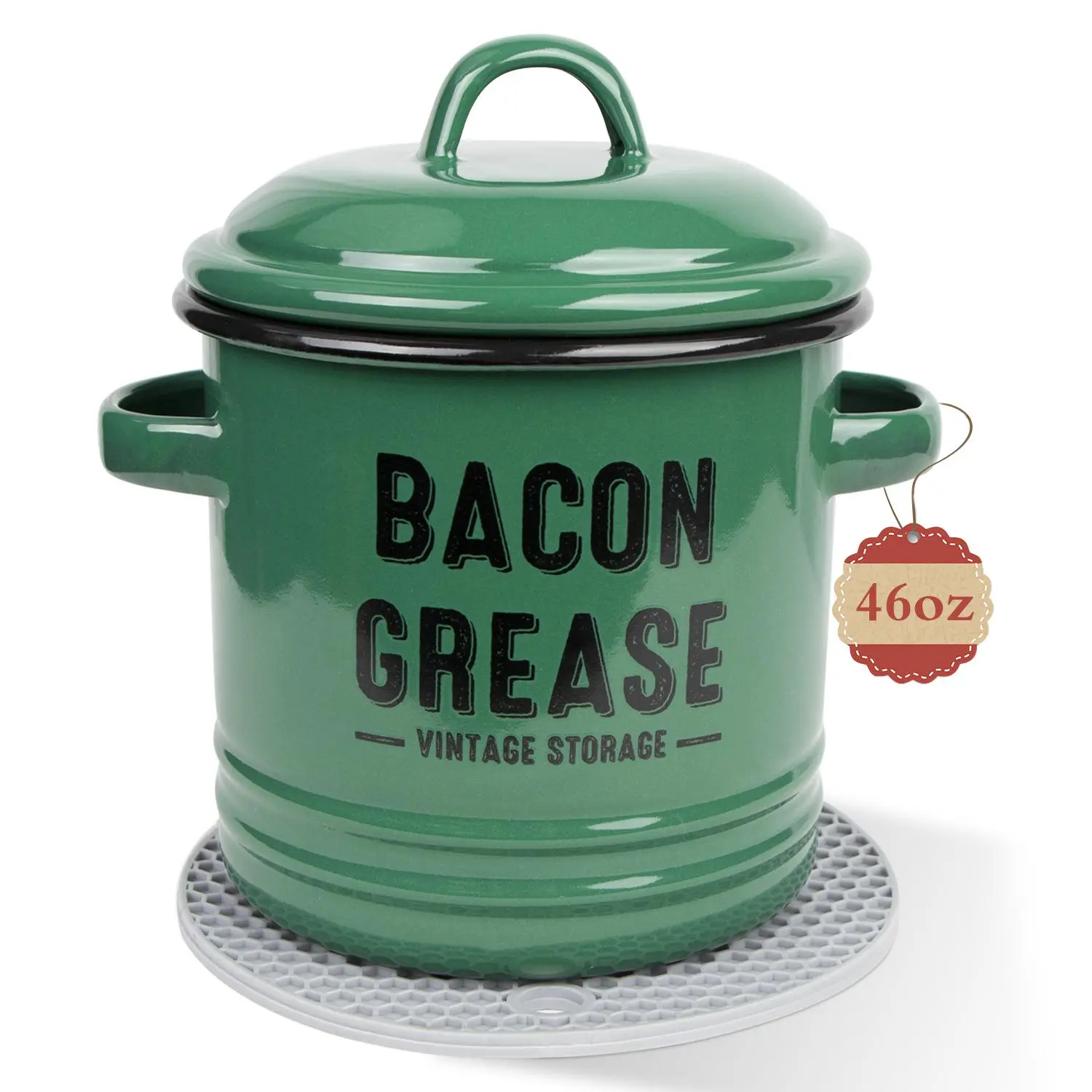 Enamel Bacon Grease Container with Lid & Insulated Pad, Vintage Kitchen Cooking Oil Storage Container, Food Storage Pot for Home Kitchen, Summer for G