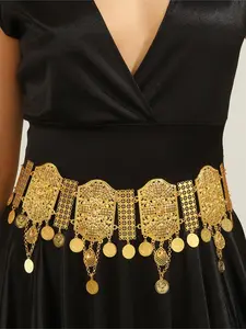 Middle East Arab Best-Selling Waist Chain - Sparkling Western Belt Statement Belts Gold Alloy Hollow Carved Diamond-Inlaid Coin Fringe for Women's Dress Accessories