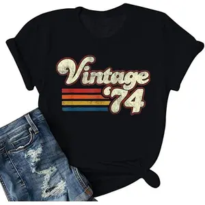 Cotton Short Sleeve Womens Vintage 1974 Shirts Retro 70S Tshirt Funny Original Parts Letter Print Tee 50Th Birthday Gift For Mama For Men Women