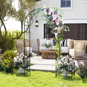 COSTWAY - 2 in 1 Garden Arbor with 2 Side Planters and 8 Ground Stakes-Black