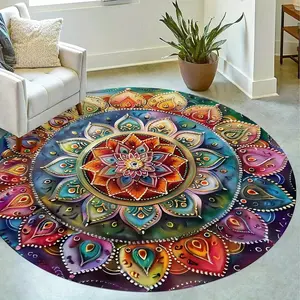 1pc Vibrant Bohemian Pattern Round Area Rug, Suitable For Bedroom, Indoor And Outdoor Decor, Decorative Floor Mat, Rug, Home Decor, Living Room Carpet, Bedroom Rug, Washable Carpet