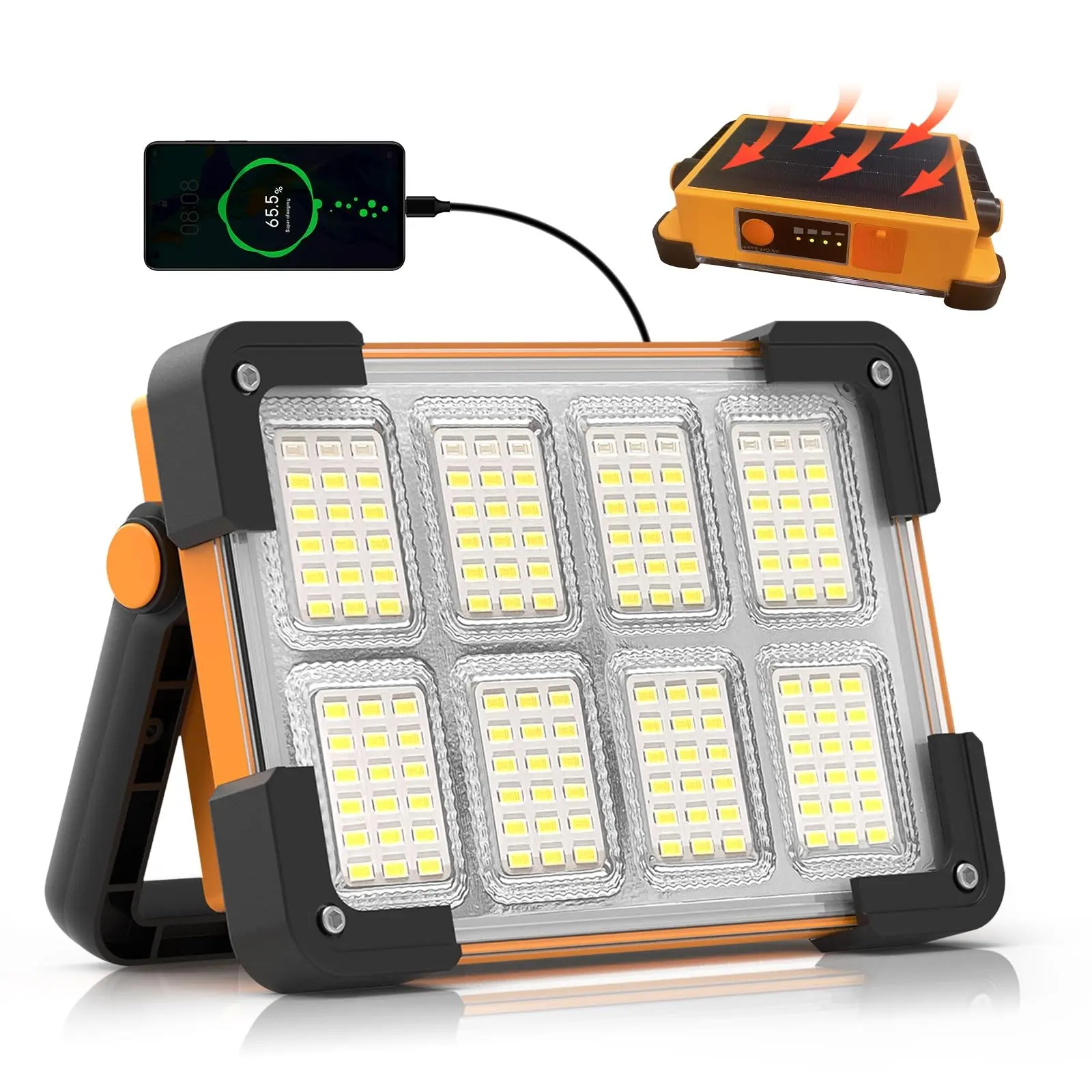 Rechargeable LED Flood Work Light - Portable Hanging Type Light with 4 Lighting Modes, USB-Solar Charging, Automatic Emergency Lanterns, Included Cells, Blackout Ready for Outdoor Use, Power Outage Preparedness