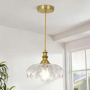 Vintage Flower Glass Pendant Light Fixture, Adjustable Hanging Ceiling Light for Dining Room Bedroom, Clear/Amber
