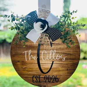Personalized Last Name 18inch Door Hanger with Elegant Bow and Greenery Accents for Home Decor