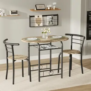3-Piece Wooden Round Table & Chair Set, Space Saving Kitchen Breakfast Nook Wood Grain Tabletop With Metal Frame And Built-In Wine Rack For Kitchen, Dining Room