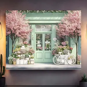 2D Flat Polyester Photography Backdrop - Spring Floral Shop Theme with Bicycle, Cherry Blossoms, Green Door, Party Decor, Wedding Party Backdrop, No Electricity Required