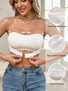 Women's Strapless Front Closure Bralette, No Steel Ring, No Padded Design, Anti-Slip Bandeau Comfortable Casual Daily Wear Top