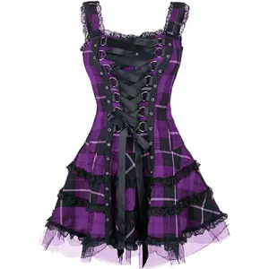 Vintage Plaid Bandage Gothic Women A-line Dresses Grunge Aesthetic Lace Trim Patchwork Mini Dress Punk Bodycon Sexy Partywear Statement Sleeveless Fabric Womenswear