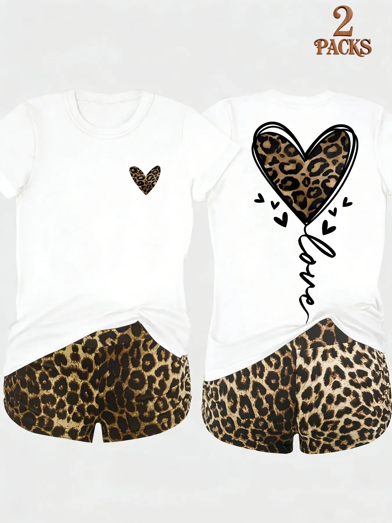 Elegance Women's Two-Piece Set, Womenswear Shorts And Tops, Round Neck Short Sleeve T-Shirt + High Waist Leopard Print Shorts, Comfortable Fit Casual for Relaxing Nights