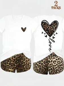 Elegance Women's Two-Piece Set, Womenswear Round Neck Short Sleeve T-Shirt + High Waist Leopard Print Shorts, Comfortable Casual for Relaxing Nights