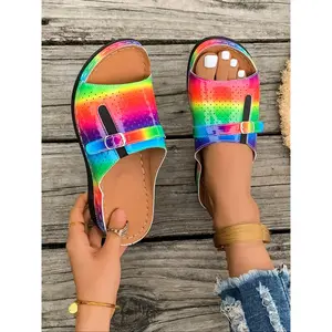 Fashionable Rainbow Pattern Slides, Casual Comfortable Slides for Summer, Lightweight Breathable Slides for Beach, Fashionable Shoes for Women, Footwear