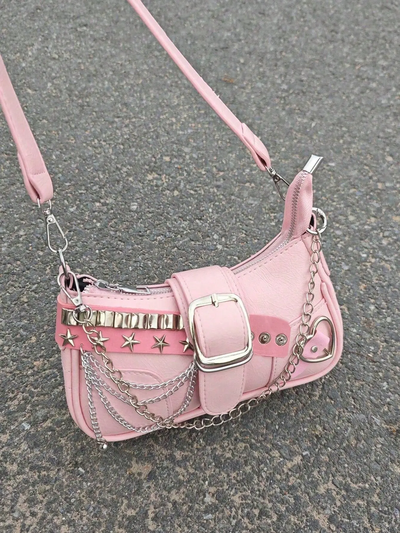 Y2K Punk Style Shoulder Bag for Women – Black Leather Chain Hobo Handbag with Buckle and Star Detail, Perfect for Streetwear