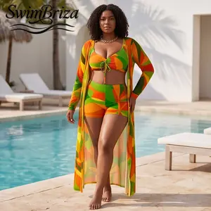 Briza｜High Waisted Two Piece Swimsuit Set with Tie Front Bikini Top Long Sleeve Mesh Cover Up Plus Size Women's Bathing Suit Green Orange Geometric Print Swim Shorts Beachwear for Summer Pool Vacation, Women's Swimwear, Bathing Suit for Women