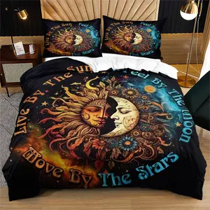 Moon Star Duvet Cover Set, Includes One Quilt Cover and 1/2 Pillowcases, Bohemian Style Bedding for Teens and Young Adults