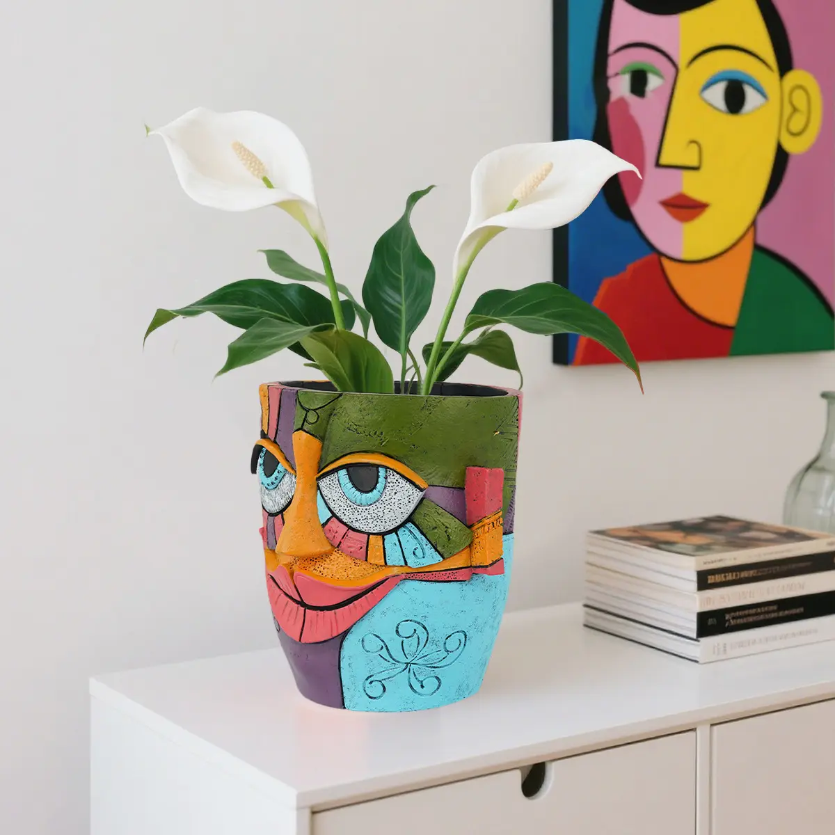 UWONDERFUL 1L Synthetic Resin Decorative Vase - Weather-Resistant, Lightweight, Picasso-Inspired Design, Irregular Dual Shaped, Elegant Indoor-Outdoor Plant Pot with Drainage Hole, Living Room Decor for Artificial Floral Arrangements, Decorative Vases