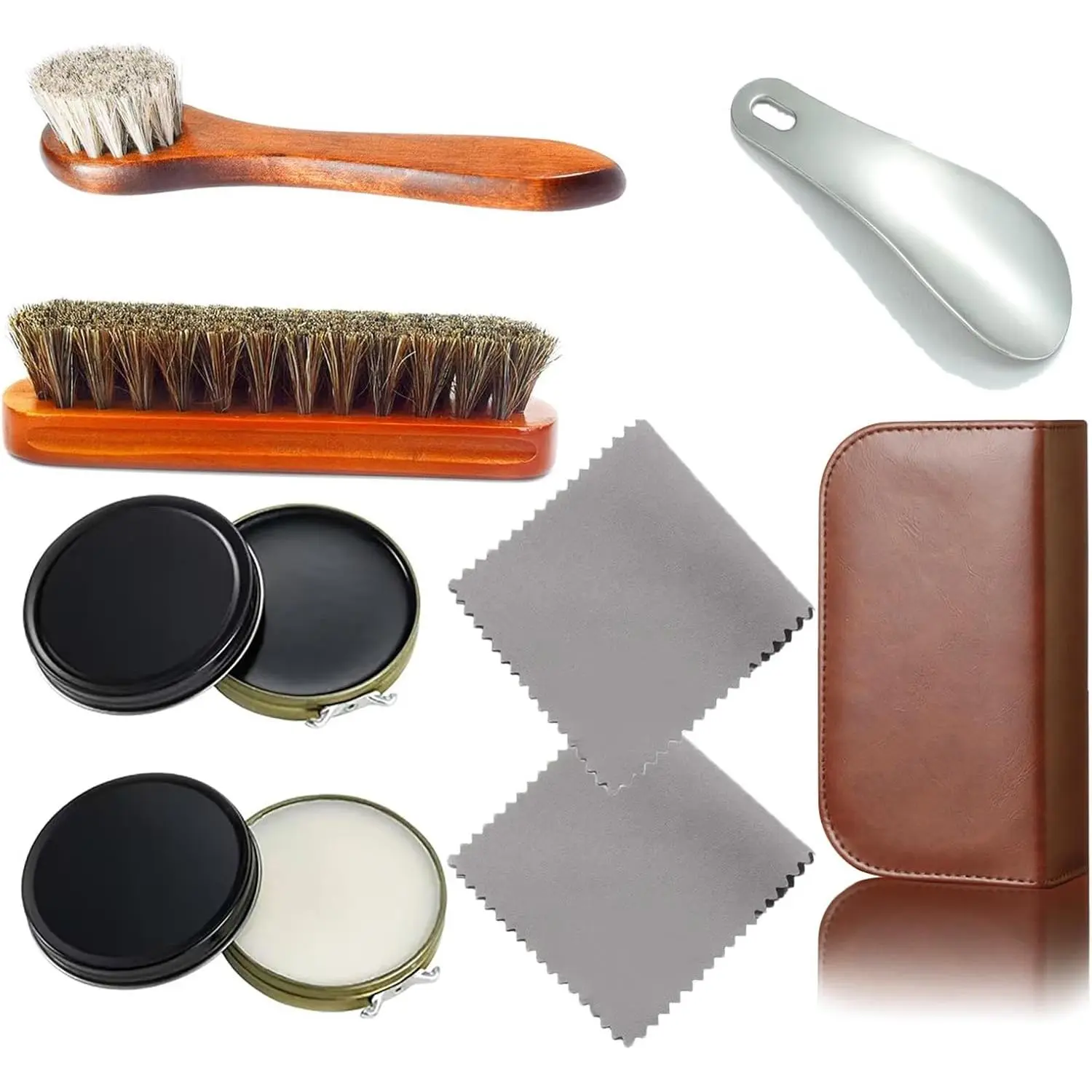 Complete Shoe Care Kit with Black and White Shoe Polish -  for  and Travel Use - Includes Brushes, Polishes, Cloths, Horn, and Leather Box - Ideal  for Leather Shoe Lovers