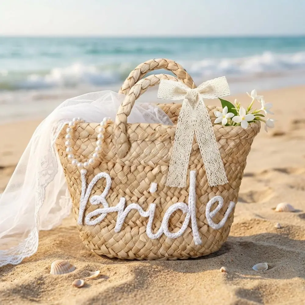 Bride Straw Handbag Bridal Beach Tote Woven Honeymoon Purse Bachelorette Party Bag Wedding Accessory Engagement Gift Handmade Beach Bag