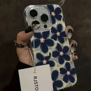 Feather & Flower Printed Blue Cellphone Casing, 1-Piece Waterproof Shockproof Scratch-Resistant Handheld Devices Accessory, Compatible with iPhone 17/16/15/14/13/12/11, Ideal Holiday Gift (Pair with Screen Protector for Full Protection)