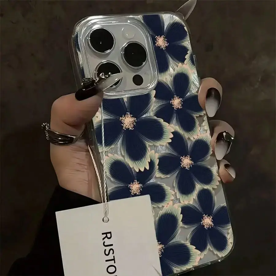 Feather & Flower Printed Blue Cellphone Case - 1-Piece TPU Protective Cover, Waterproof, Shockproof, Scratch-Resistant for iPhone 17/16/15/14/13/12/11, Ideal Holiday Gift Tech Accessory (Pair with Screen Protector for Full Protection) - summerwins