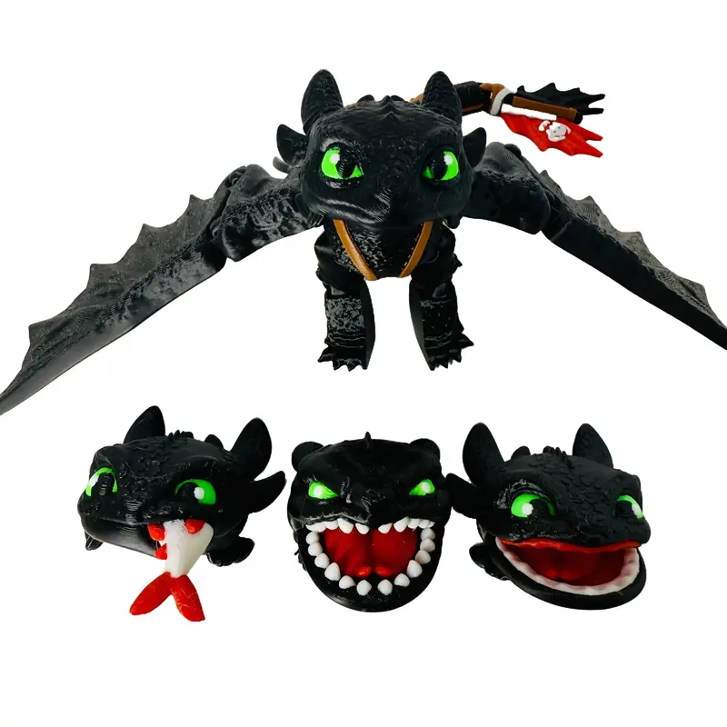 Toothless Articulating Dragon Highly Detailed Collectible Choose Your Head with Green Eyes and Black Wings