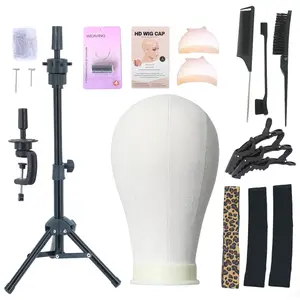 22 Inch Canvas Wig Head Mannequin, Canvas Block Head Set for Wig Display & Styling, Includes Mount Hole Stand, Styling Tools