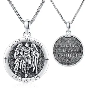 DRINSPER Saint Michael 925 Sterling Silver Pendant St Michael the Archangel Necklace Protection Jewelry for Men for Policeman for Firefighter for Soldier