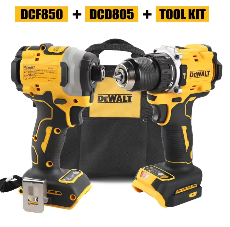 DEWALT DCF850 & DCD805 Compact Cordless Drill Set with Carry Bag - Forward/Rev. Reverse Function, Brushless, Adjustable Speed, Torque, Comfortable Handle, Portable Multitools & Accessories Included - for Woodworking, Auto Repair
