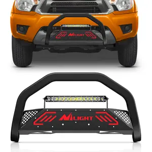 Nilight Toa-52 Steel Bull Bar with LED Lights, License Plate Hole, Dual-Mesh Grid & Grille Skid Plate Light Mount - Aggressive Look, Direct Bolts, Front Bumper Push Bar Compatible with 2005-2015 Toyota Tacoma Truck Brush Guard