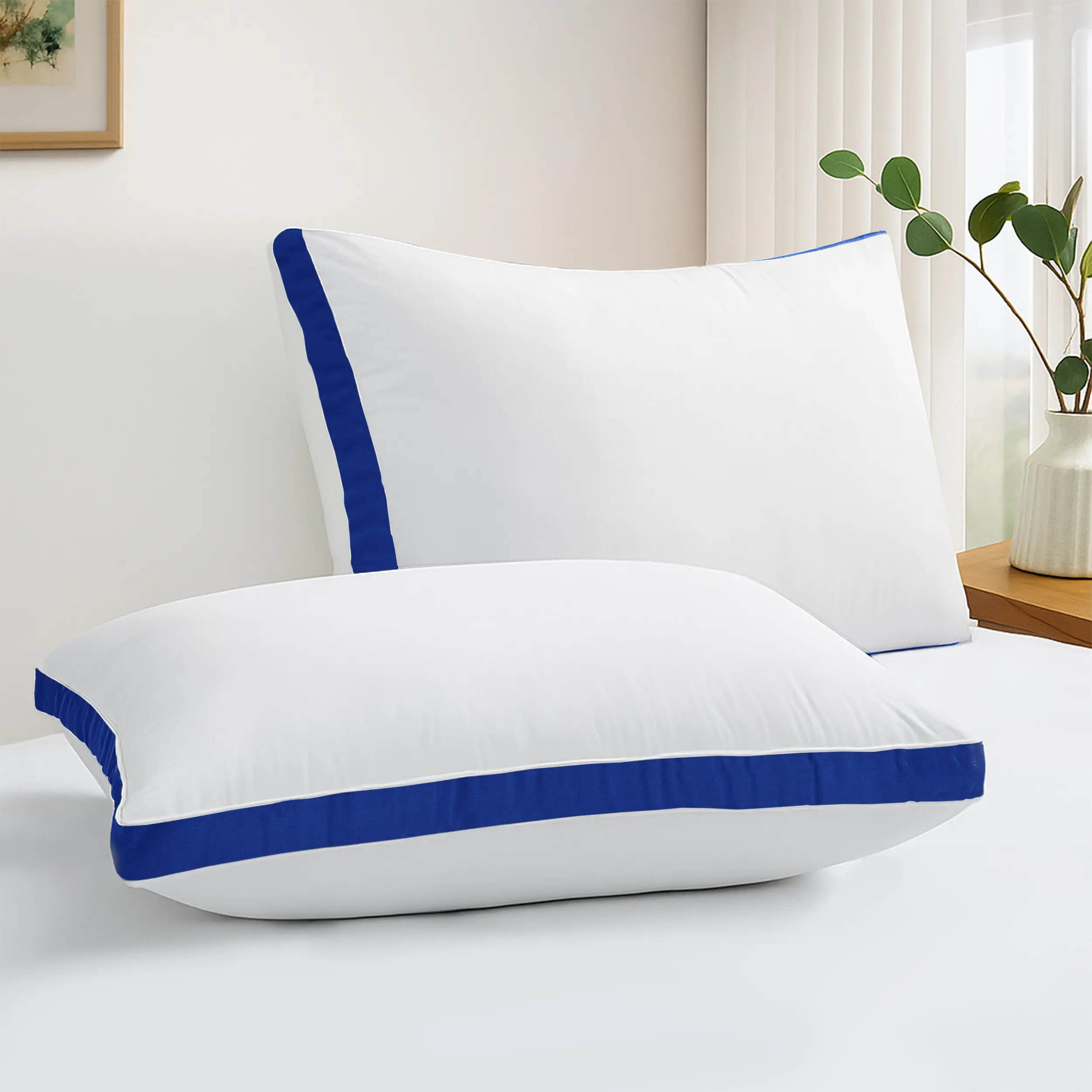 Hannah Bedding Navy Blue Queen Gusseted Pillows Set of 2 – Hotel Collection Bed Pillows with Premium Down Alternative Fill, Soft & Fluffy Support for Side, Back & Stomach Sleepers