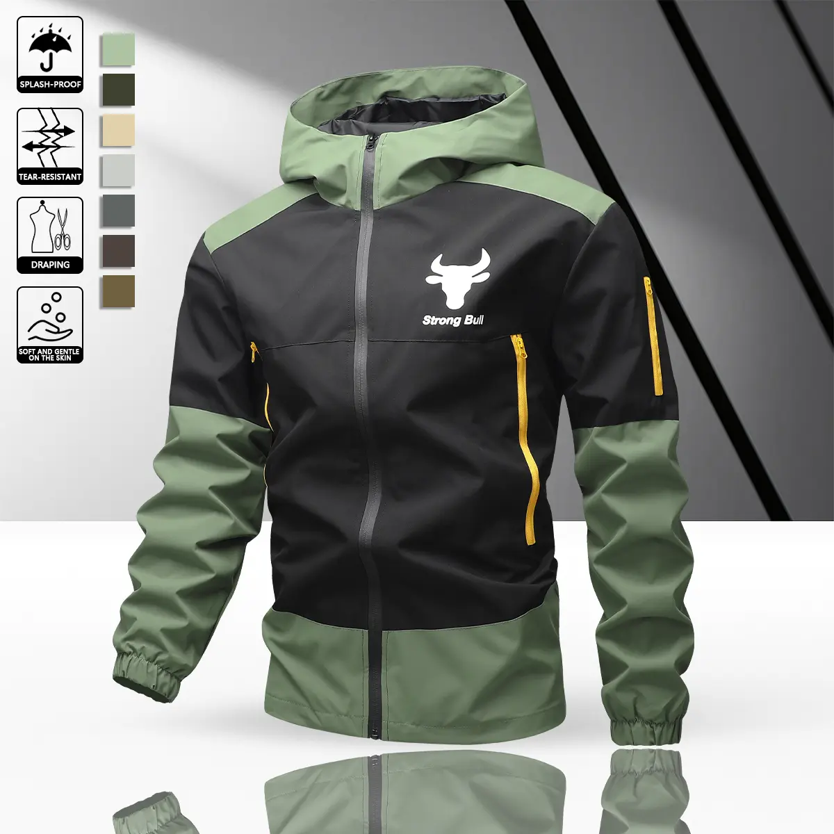 StrongBoy Men's Spring Casual Hooded Jacket – Colorblock Design, Windproof with Pockets, Polyester Fiber, Knitted Material, Suitable for Sports and Leisure Wear, Functional Zipper Closure, Men's Top, Long Sleeve Durable Surface