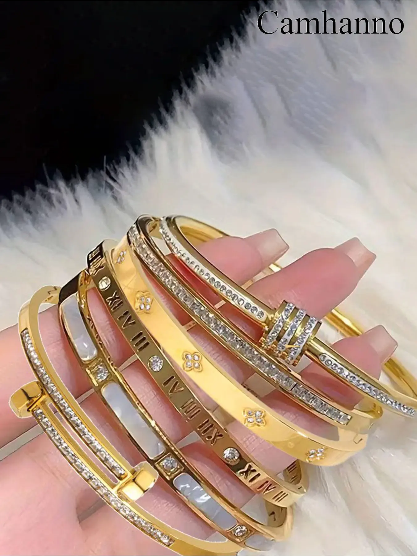 6-piece French luxury bracelet set, Bracelet bundle, made of 304 stainless steel, suitable for daily wear, perfect for gifting during holidays, Rhinestone Decorated Bangle, Trendy Stack Bangle, Cuff Bangle Set