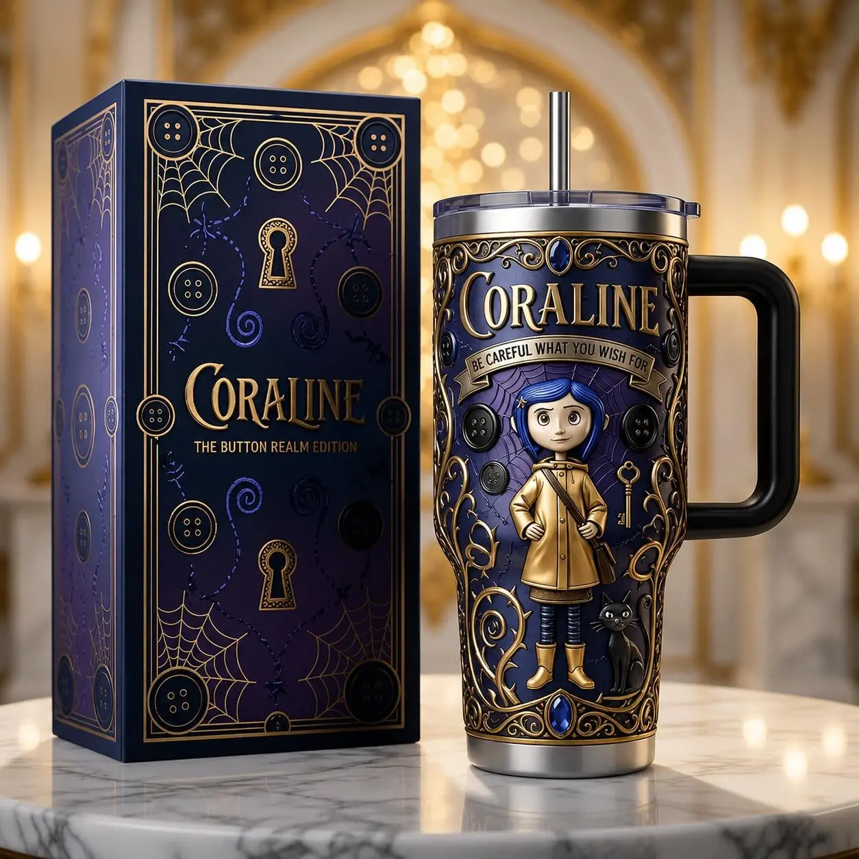 Coraline Movie Tumbler 40oz V2 Premium Stainless Steel Tumbler With Handle, Button Eyes Cup, Dark Fantasy Aesthetic Mug, Spooky Cute Gothic Cartoon