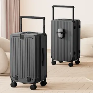 YQ TRAVEL Hard Shell PC Luggage, 20/24 Inch Travel Lightweight Bag with Flat Middle, Impact-Resistant PC Shell, Double Spinner Wheels, TSA Secure Lock, Front-Open Laptop Compartment, USB Ports, Essential for Business Trips