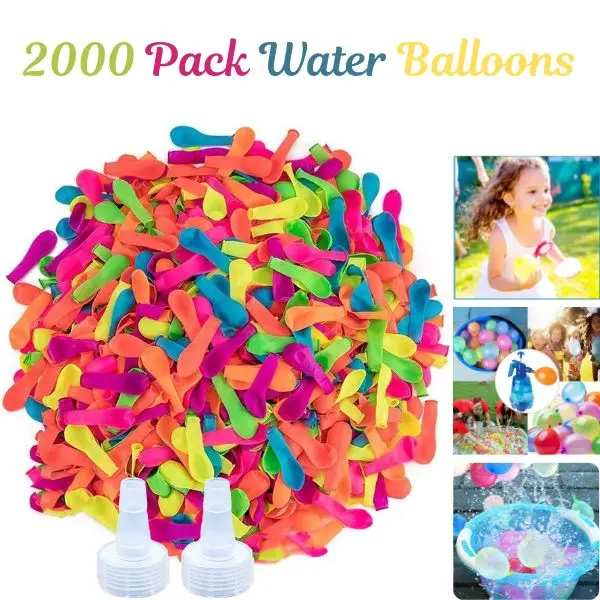 2000 Pack Water Balloons, Biodegradable Latex Water Bombs, 5–6 Inch Self-Sealing Water Balloons with 2 Hose Nozzle Attachments, Colorful Summer Outdoor Water Balloon Party Supplies for Kids & Adults