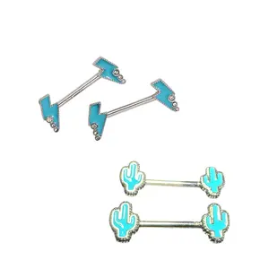 14G Lightning Bolt and Cactus Nipple Piercings set