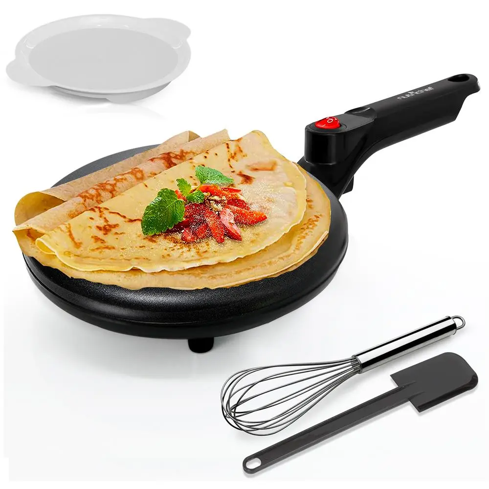 8" Electric Crepe Maker | Includes Griddle, Spatula & Food Whisk - Auto Temperature Control, 800W High-Powered Heating & Cool-Touch Handle - Countertop Kitchen Appliance For Crepes, Pancakes & Eggs - Cooking Essentials