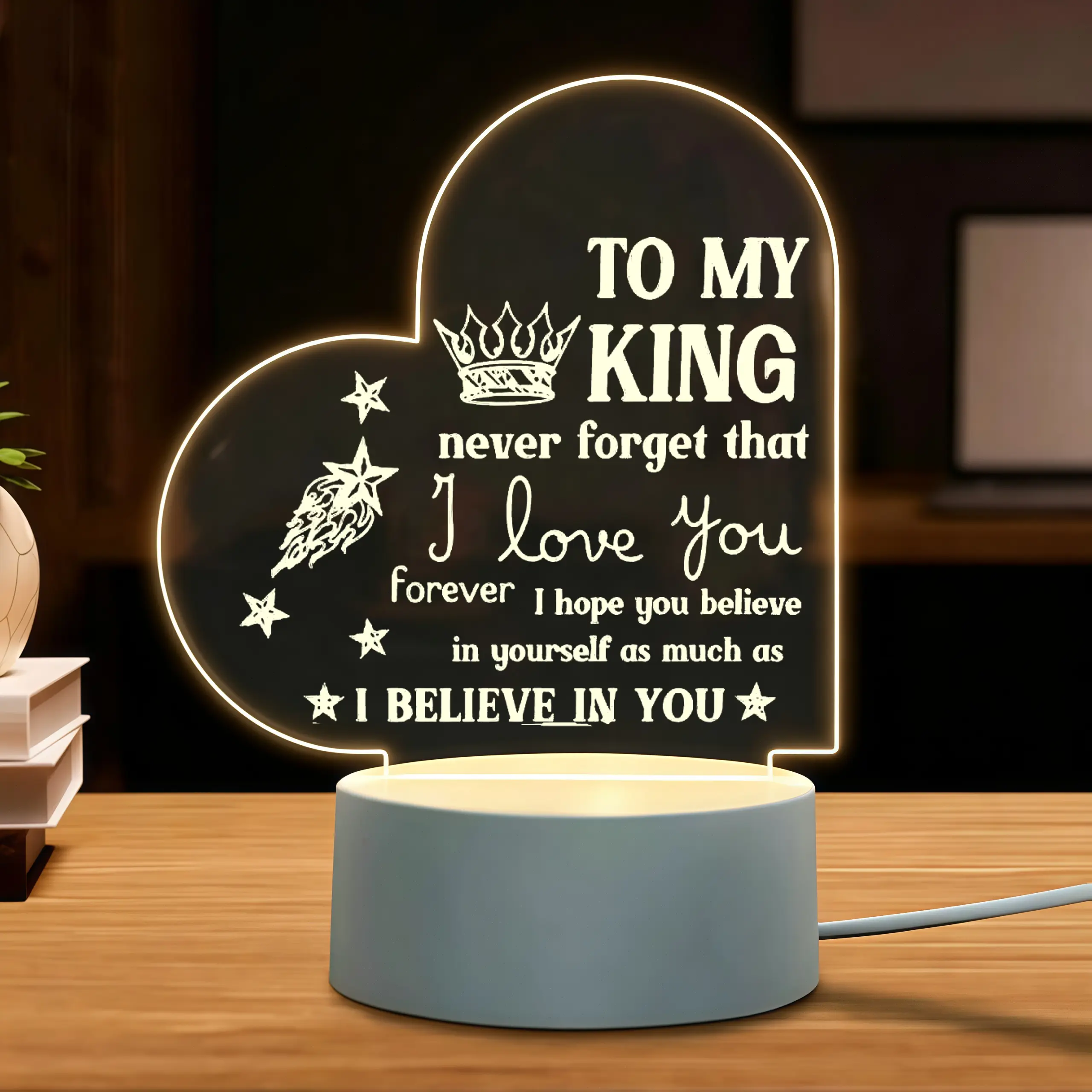 Heart Shaped Acrylic LED Night Light, Engraved "To My King" Desktop Decor, Gifts for Boyfriend, Birthday Gifts for Him, Festive Home Supplies Present for Husband