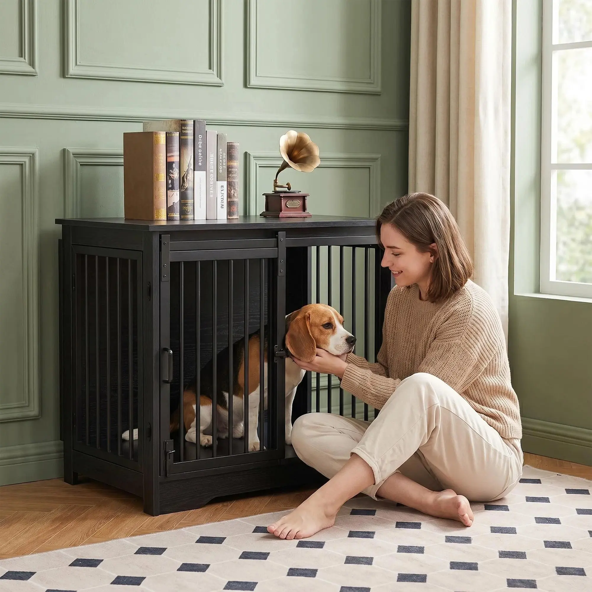 Hzuaneri 27.2" Dog Crate Furniture with Barn Door, Heavy Duty Dog Kennel Indoor with 2 Doors, Wooden Pet Cage End Table for Small Medium Dogs up to 22 lb, Anti-Chew Anti-Escape