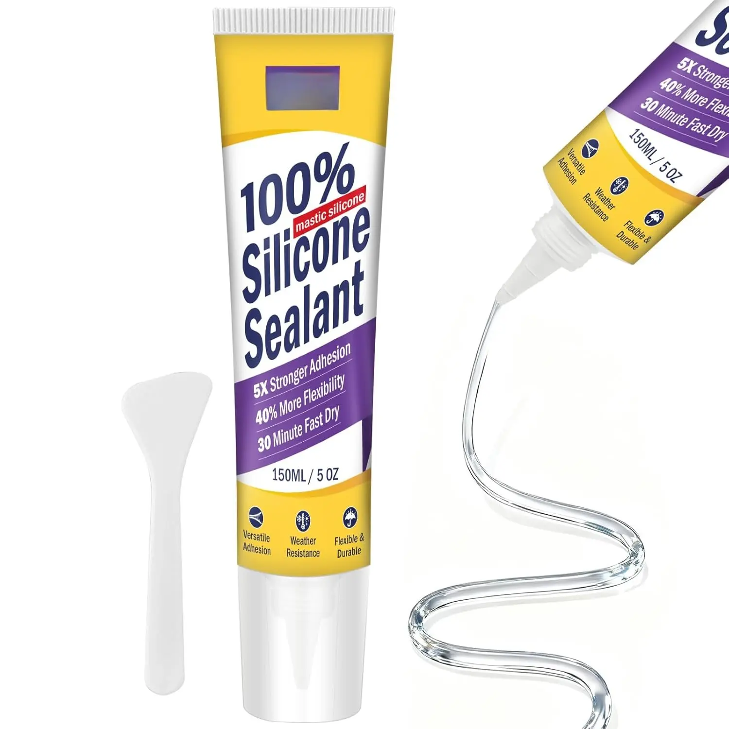 High-Strength  Sealant & Adhesive -  , Flexible Caulk for Kitchen, Bathroom, Shower, Window, Auto - Creates Durable, Shrink & Crack Resistant Seal 5 Oz. Tube. (Clear)